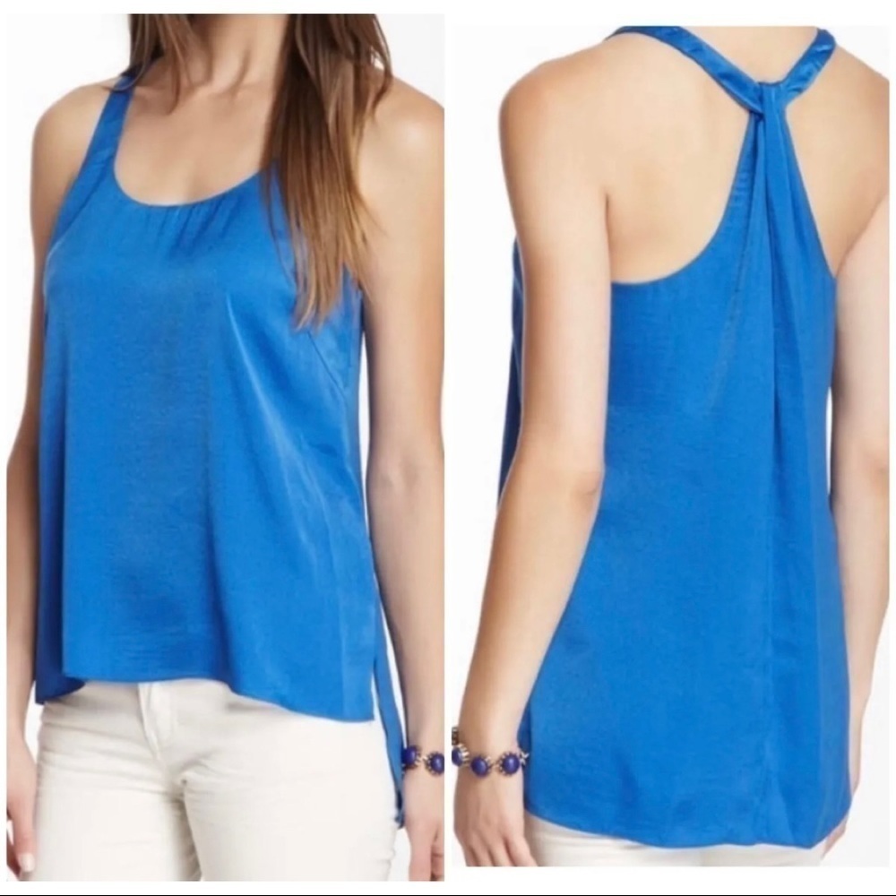 BCBG Maxazaria Sz XS Blue Satin Edita Twist Back Racerback Hi-Low Top Blouse Top